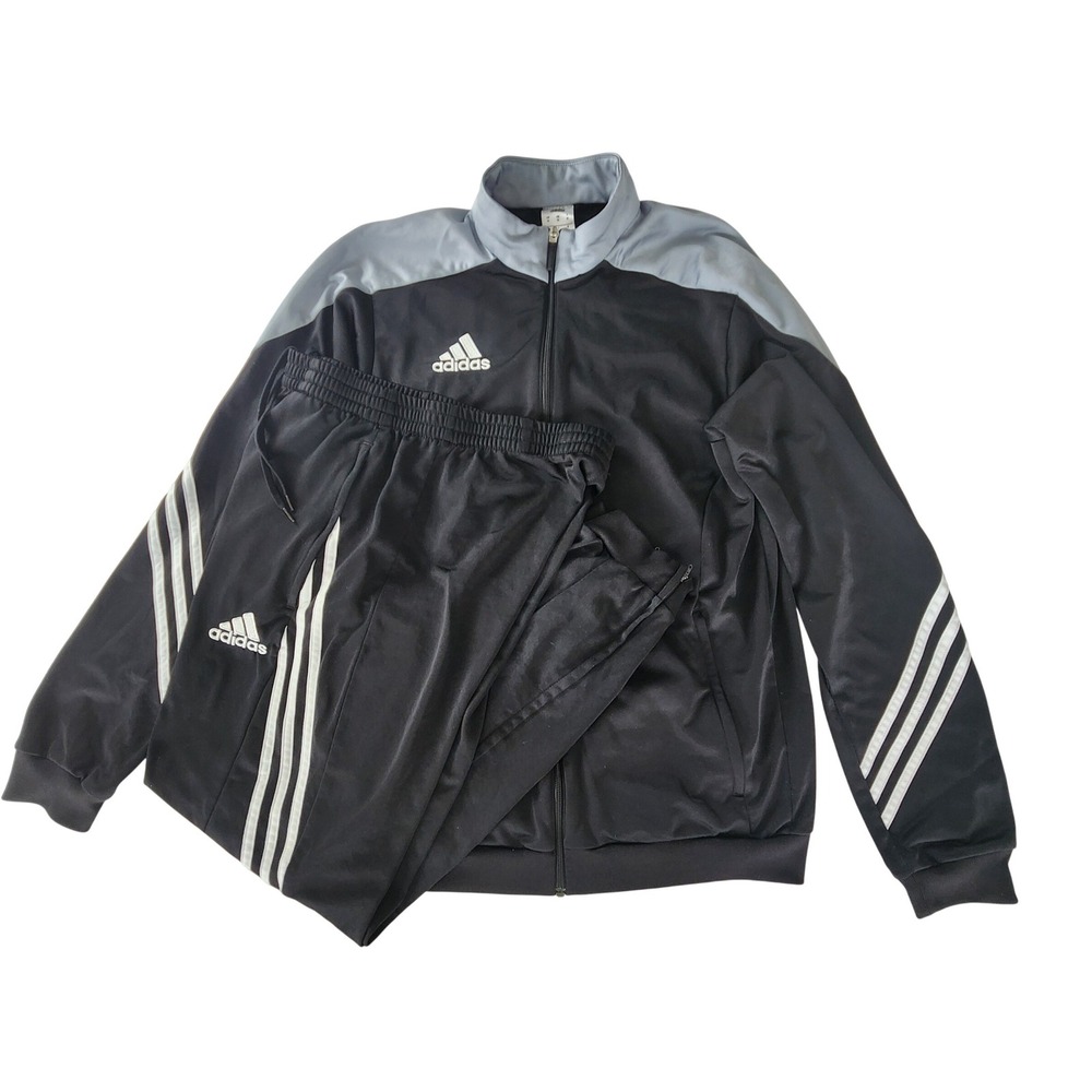 Adidas Mens Medium‎ Track Suit Black White 3 Stripe Full Zip Jacket & Pants Set